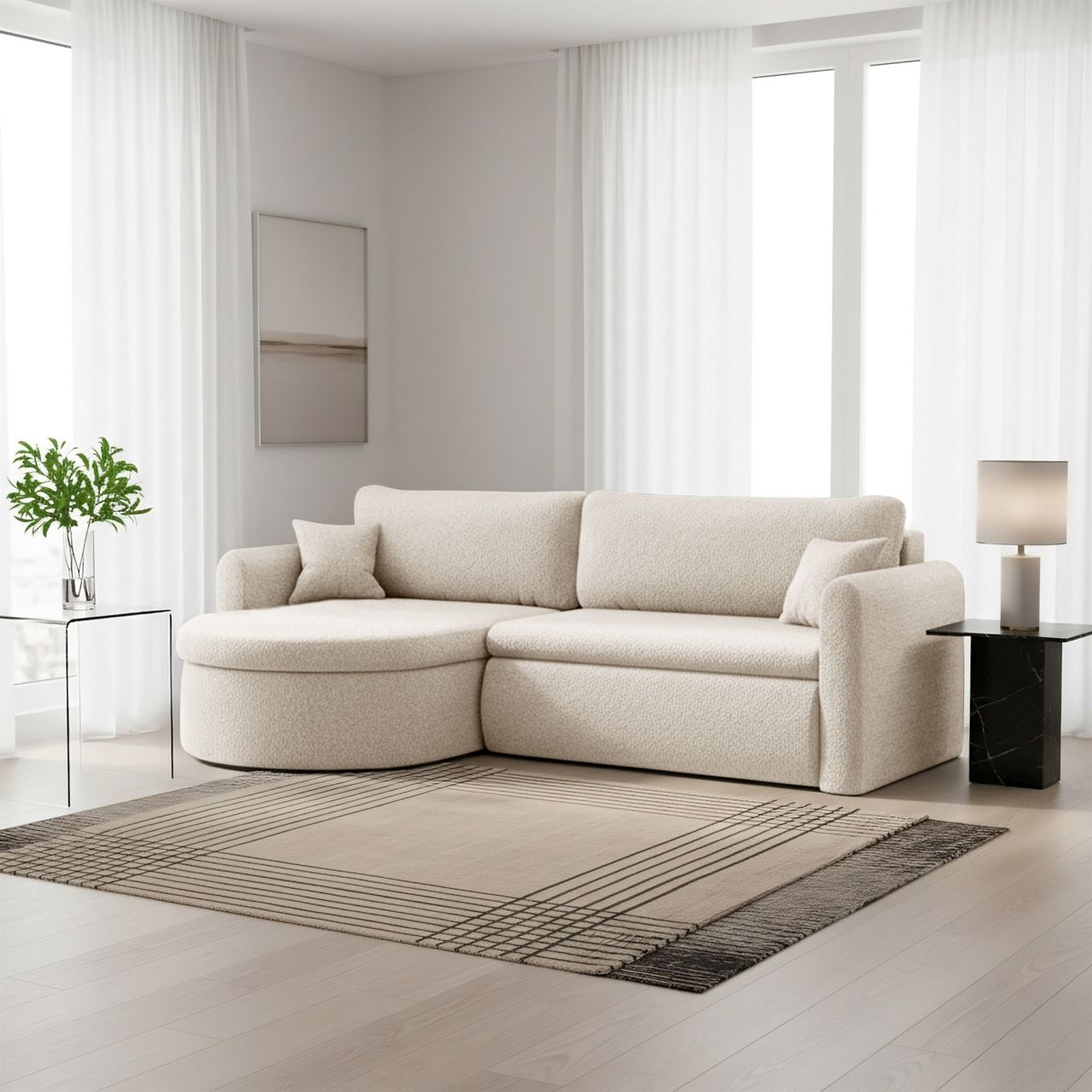Ecksofa Schlafsofa FELIZ Stoff Quelle Creme Ottomane Links