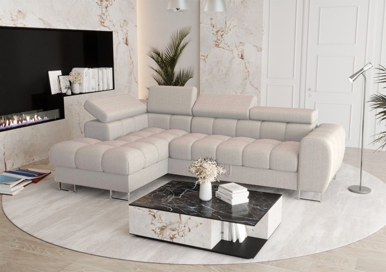 Ecksofa Schlafsofa BASTIEN in Stoff Gemma Hellgrau Ottomane Links