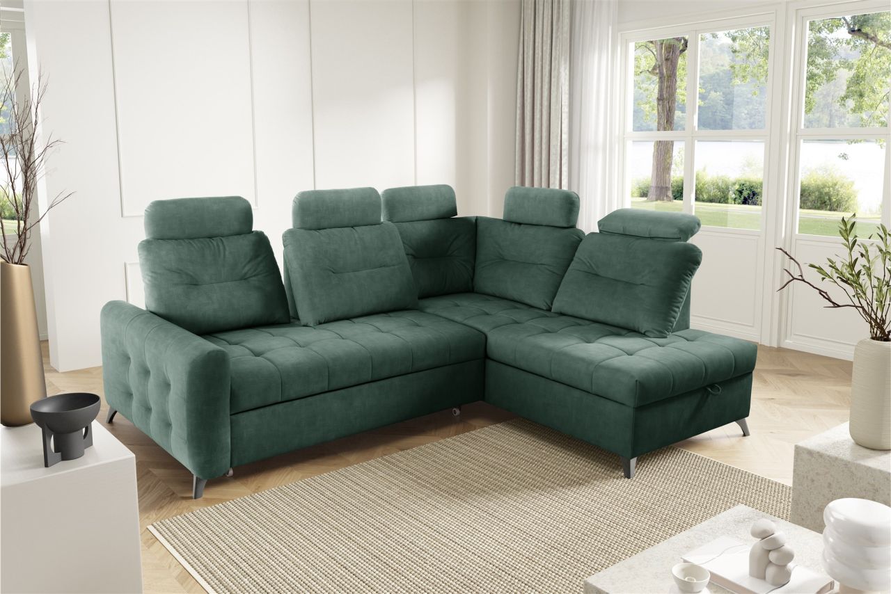 Ecksofa Schlafsofa Sofa WENDIE Stoff Hold Me Meeresgrün Ottomane Rechts