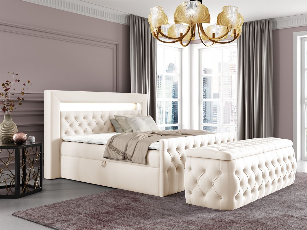 Boxspringbett Schlafzimmerbett ERNESTO Nr.3 160x200cm in Elisa Velvet Cremeweiß