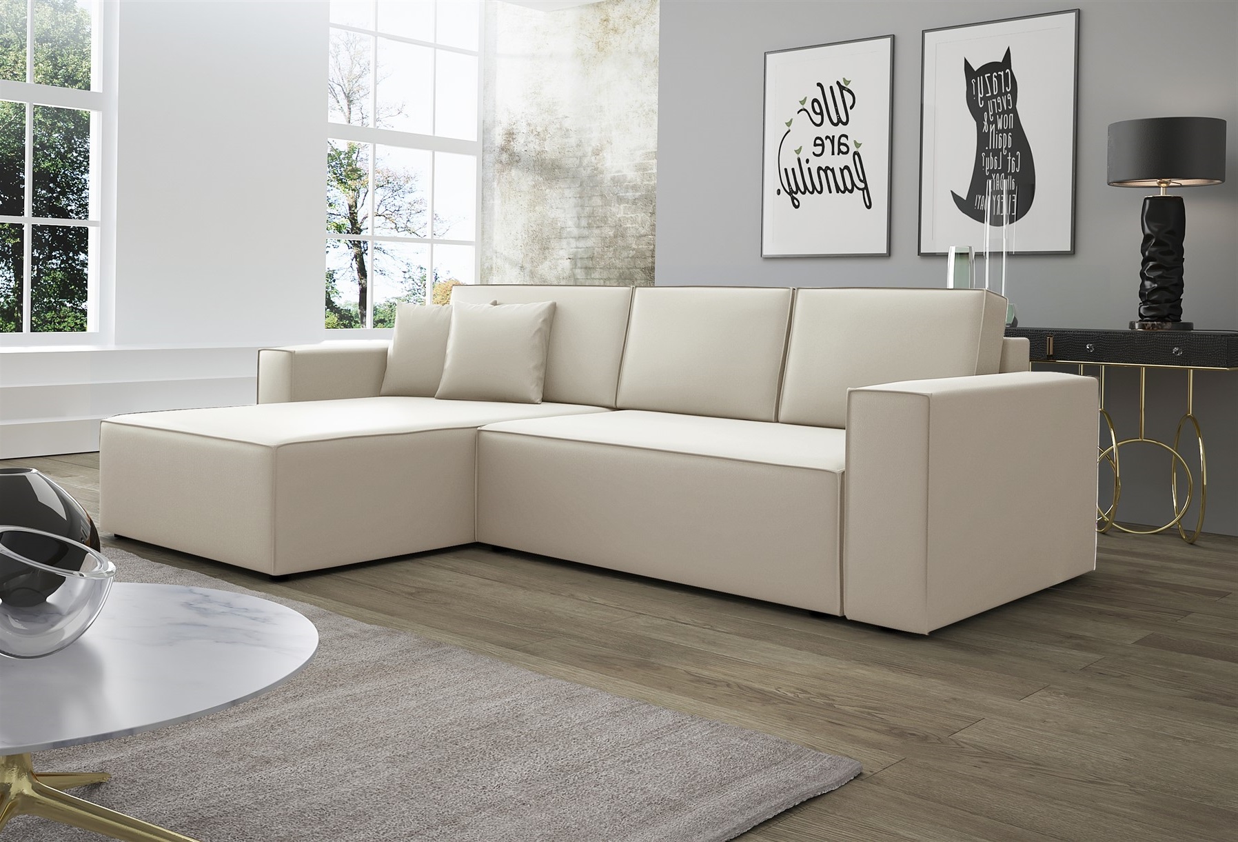 Ecksofa Schlafsofa Sofa CONOR PREMIUM Kunstleder Soft Creme Ottomane Links | Ecksofa mit Schlaffunktion | Serie-CONOR PREMIUM | Polstermöbel-Serie | Polstermöbel | Wohn-& Essbereich