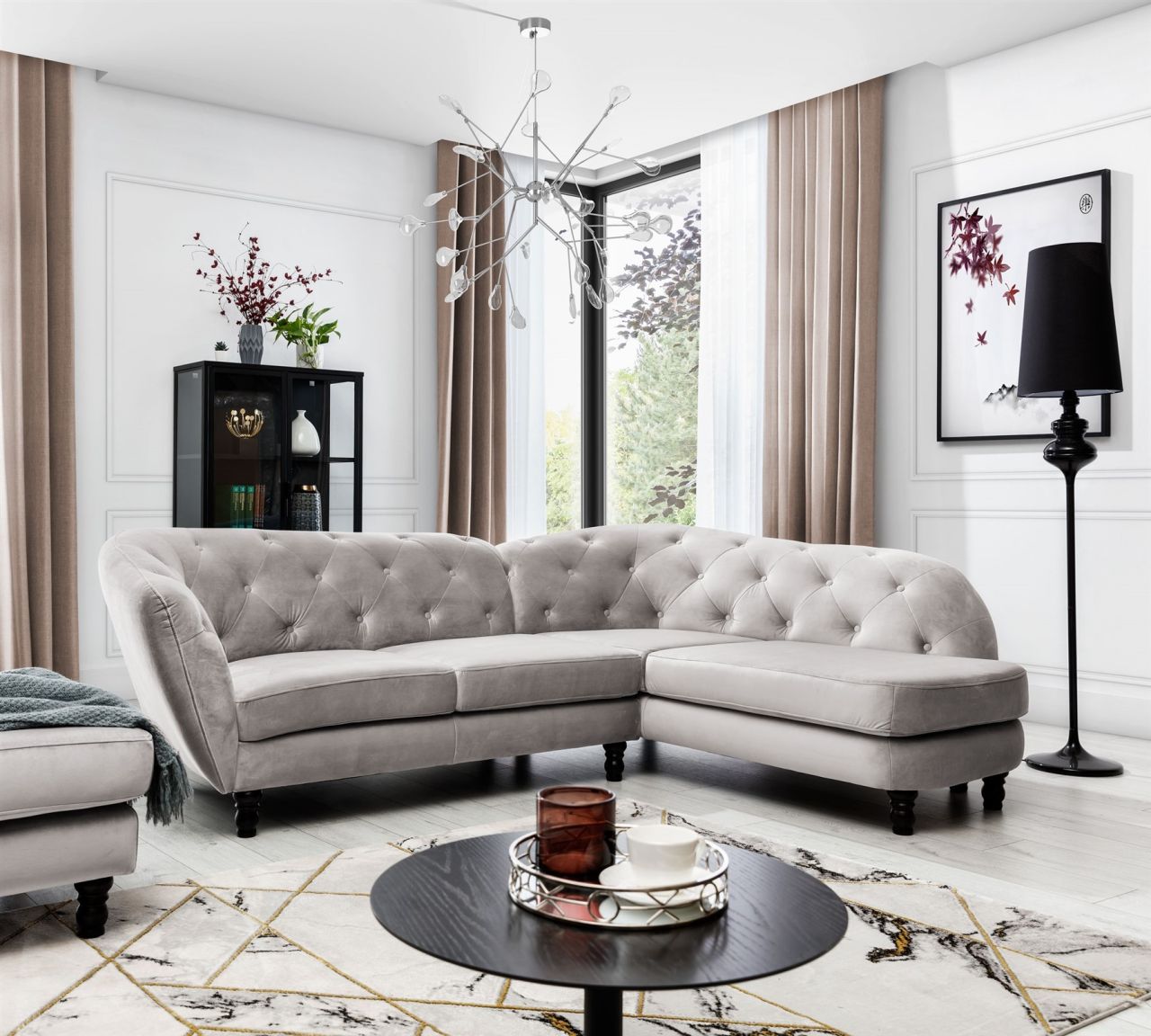 Ecksofa ersofa CHARLOTTE in Stoff Matt Velvet Cappuccino Ottomane Rechts