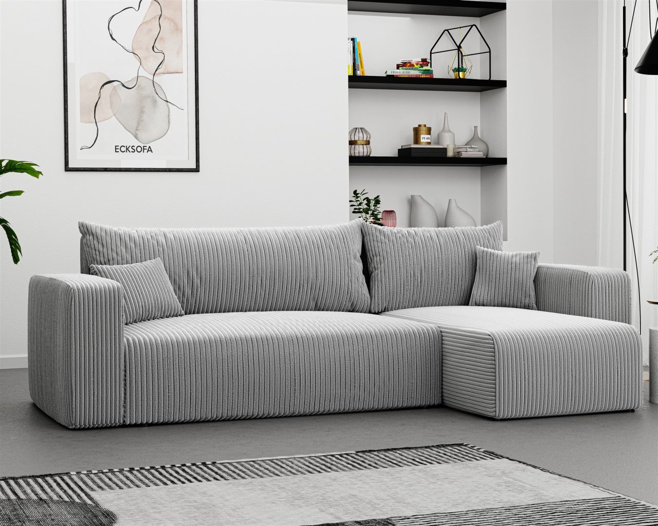 Ecksofa mit Schlaffunktion Sofa LUNA Stoff Poso Hellgrau Ottomane Rechts