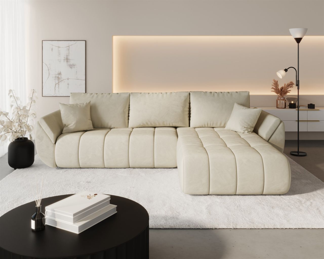 Ecksofa Schlafsofa MISATO Stoff Monolith Creme Ottomane Rechts