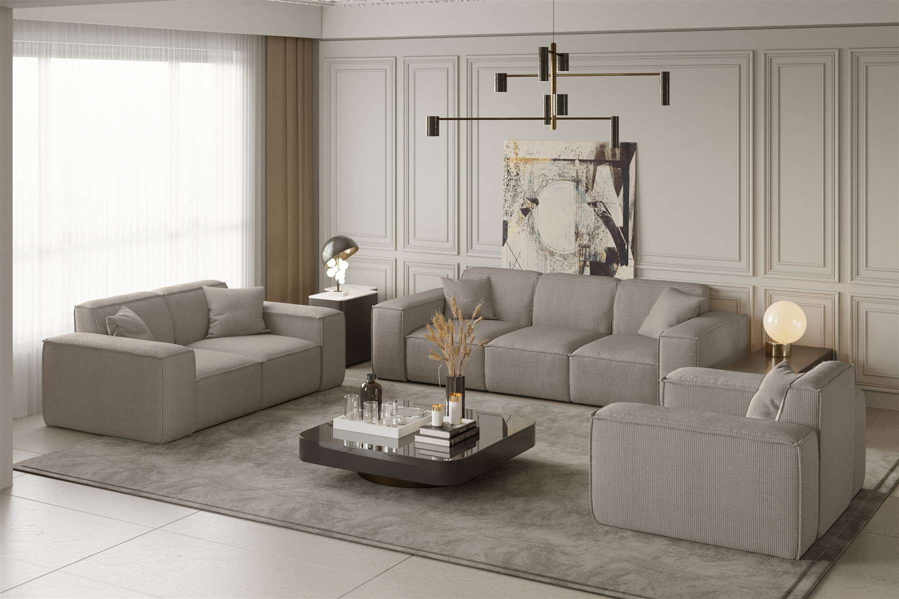 Sofaset Designersofa CELES 3-2-1 in Stoff Scala Beige | Couchgarnituren | Polstermöbel