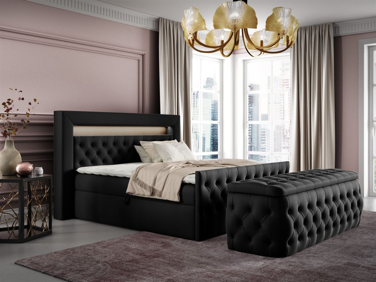 Boxspringbett Schlafzimmerbett ERNESTO Nr.3 160x200cm in Elisa Velvet Schwarz