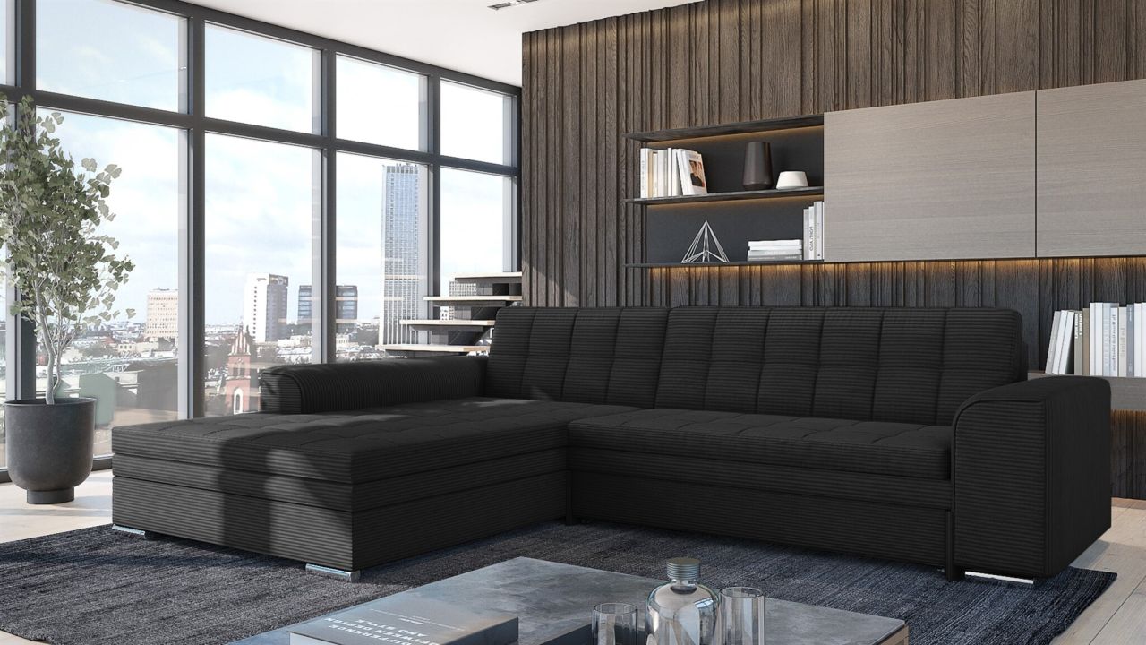 Ecksofa Schlafsofa Sofa LUSAKA in Stoff Lincoln Schwarz Ottomane Links