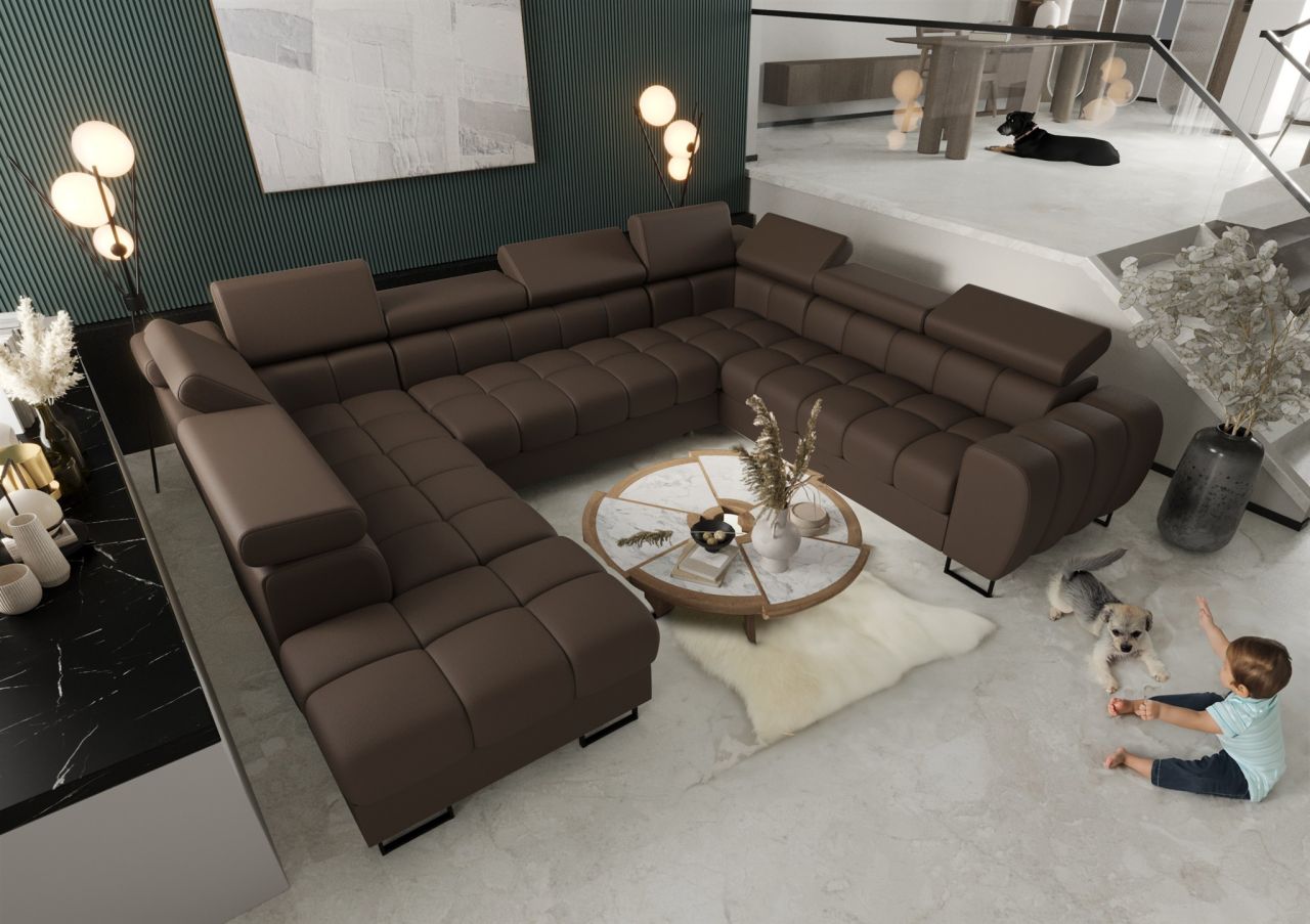 Wohnlandschaft Schlafsofa BASTIEN XL in Stoff Terra Braun Ottomane Links