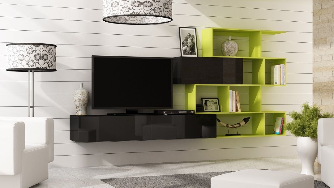 Mediawand Wohnwand 3 tlg - SKY - Schwarz HGL / Limette