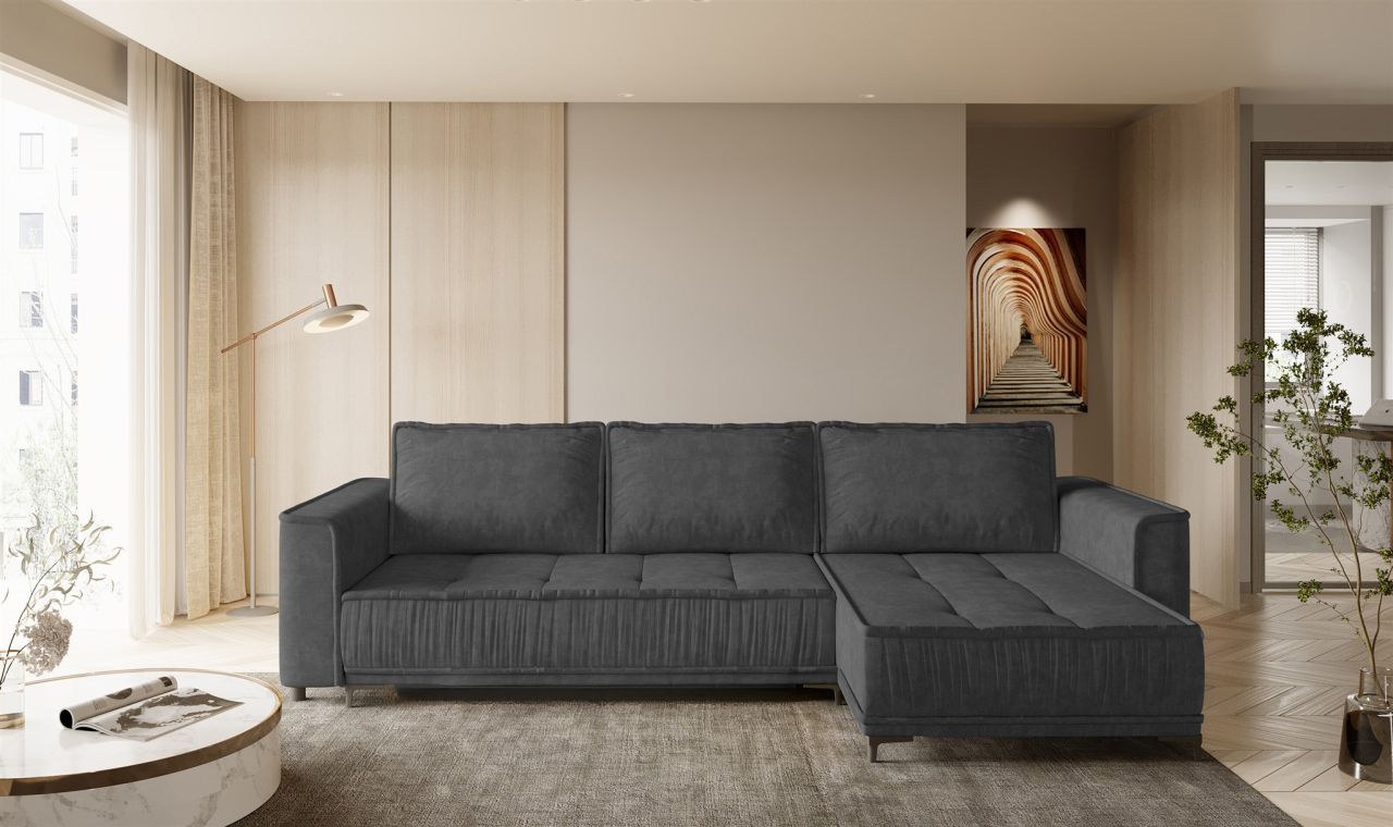 Ecksofa Schlafsofa Sofa JUNA Stoff Terra Dunkelgrau Ottomane Rechts