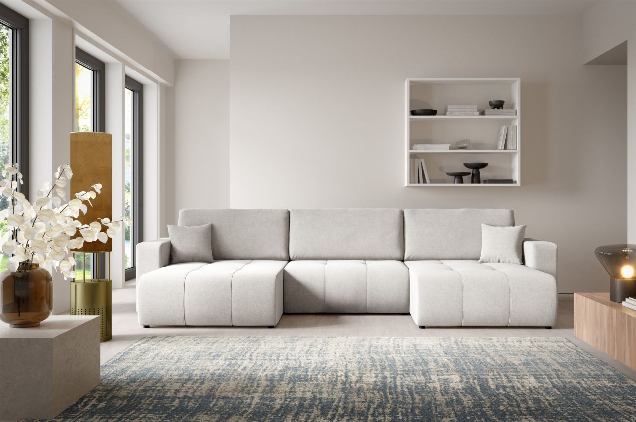 Wohnlandschaft Sofa mit Schlaffunktion AUGUSTO in Stoff Wind Hellgrau