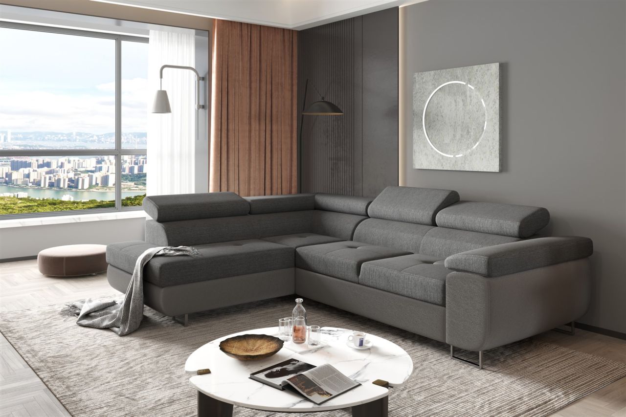 Couchgarnitur JADE Stoff Dunkelgrau mit Schlaffunktion Ottomane Links