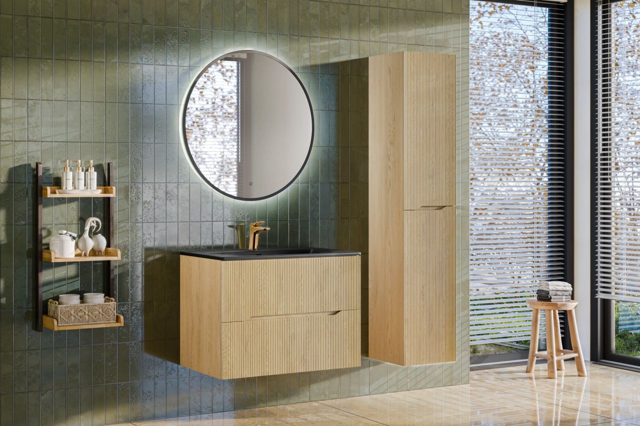 Badmöbel Set 3-tlg Badezimmerset AVOLI Cremona Eiche Spiegel Schwarz inkl. Wa...