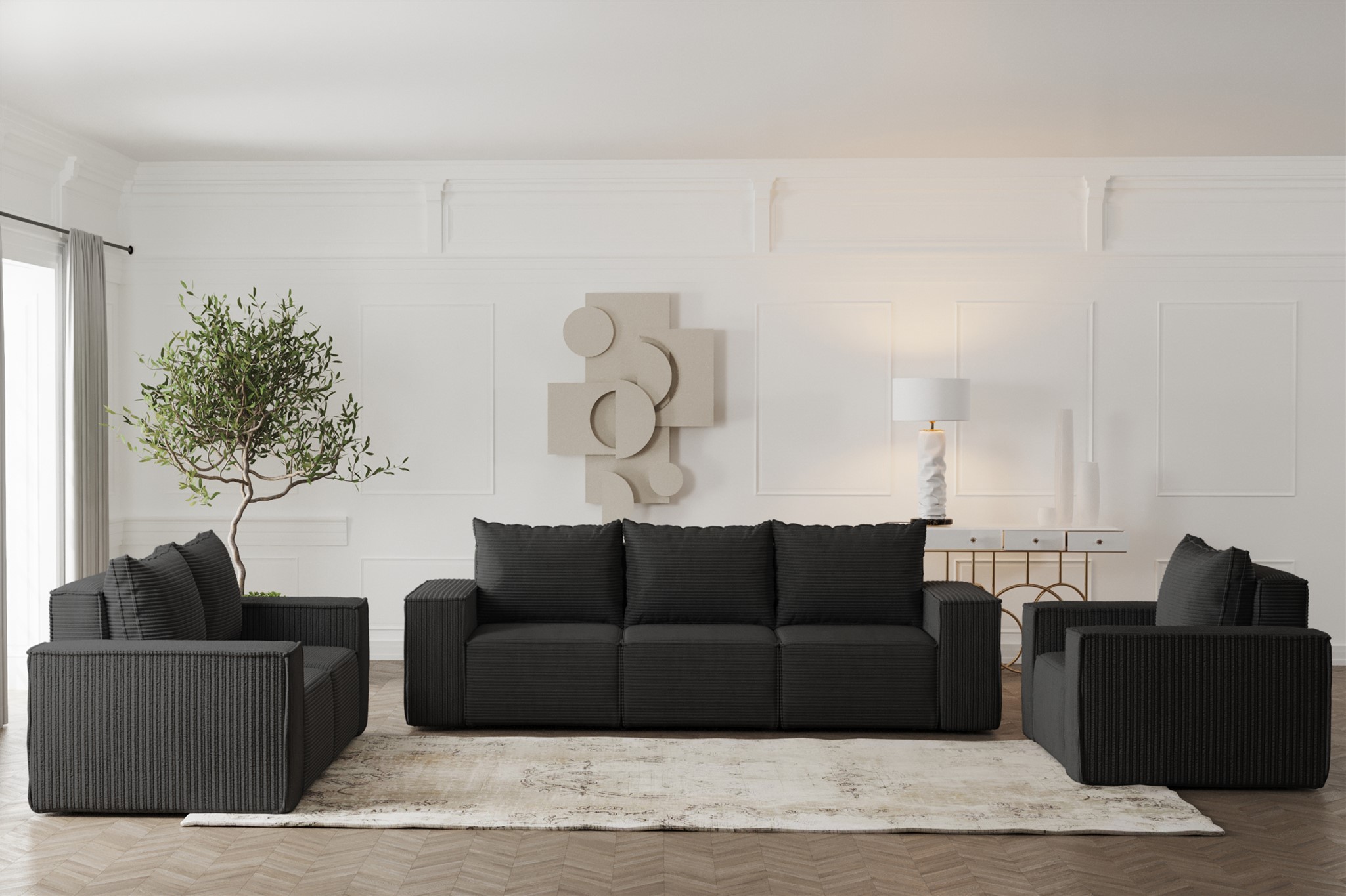 Sofaset Designersofa ESTELLE 3-2-1 mit Schlaffunktion in Stoff Poso Schwarz | Sofaset mit Schlaffunktion | Serie-ESTELLE | Polstermöbel-Serie