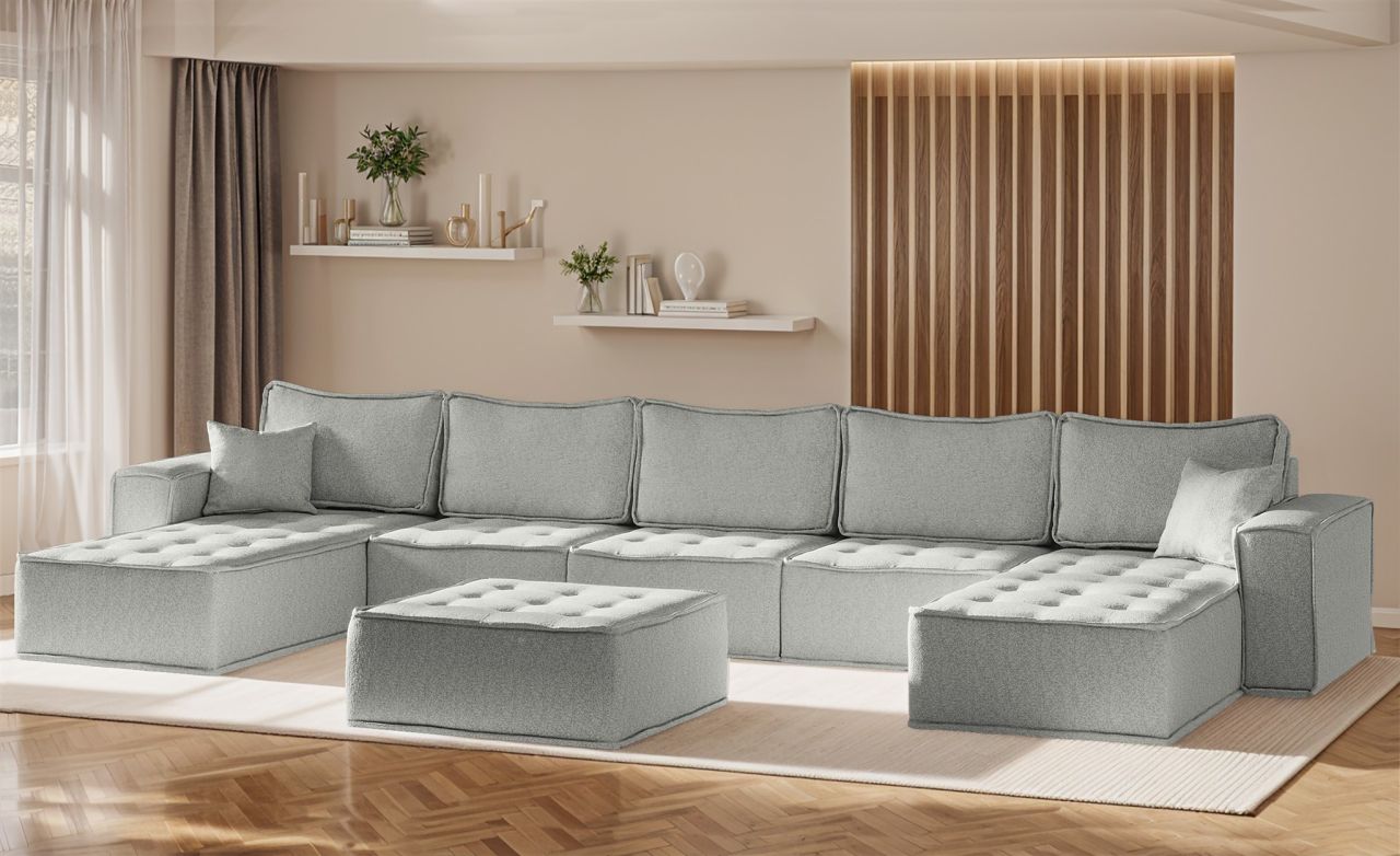 Wohnlandschaft Sofa U-Form Modulsofa-Set 6-teilig SANDE Stoff Alpine Hellgrau
