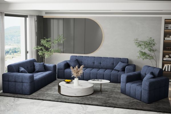 Sofaset Designersofa NANCY 3-2-1 in Stoff Perfekt Harmony Marineblau | Couchgarnituren | Polstermöbel