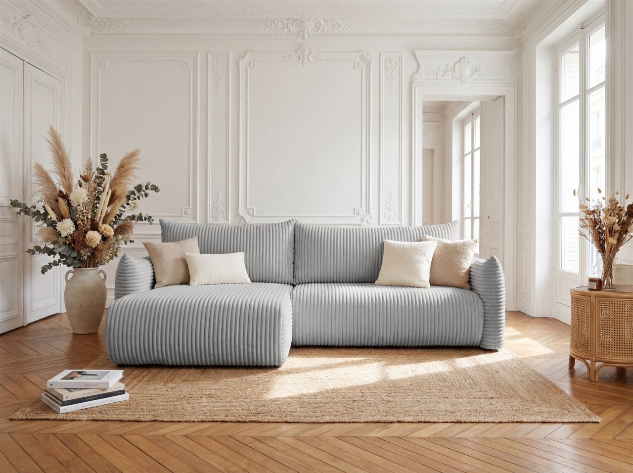 Ecksofa Schlafsofa MAILAND in Stoff Tilia Grau Ottomane Links