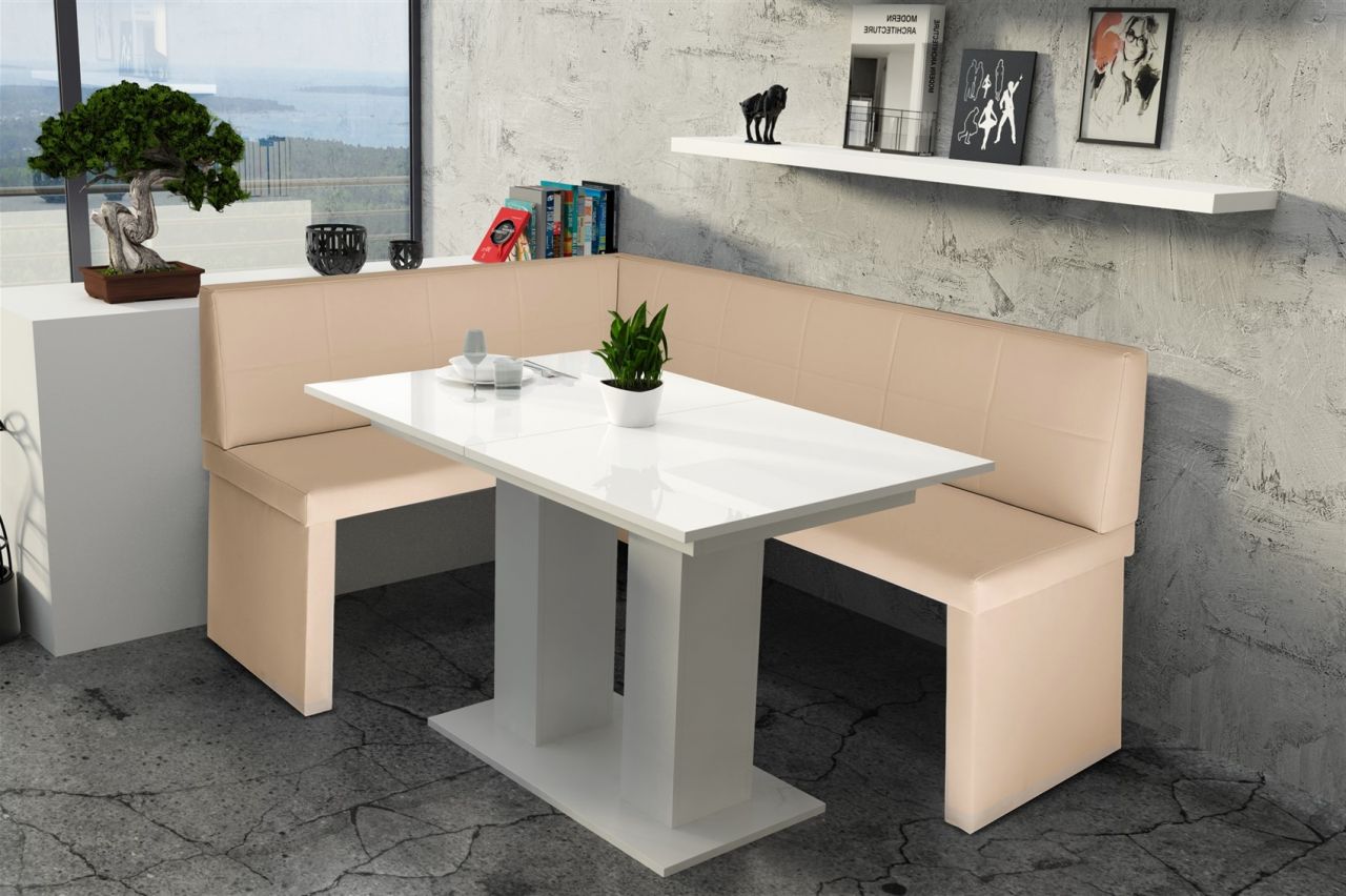 Eckbankgruppe 168x128 cm ROBIN R Creme / Esstisch DANTE Weiss HGL