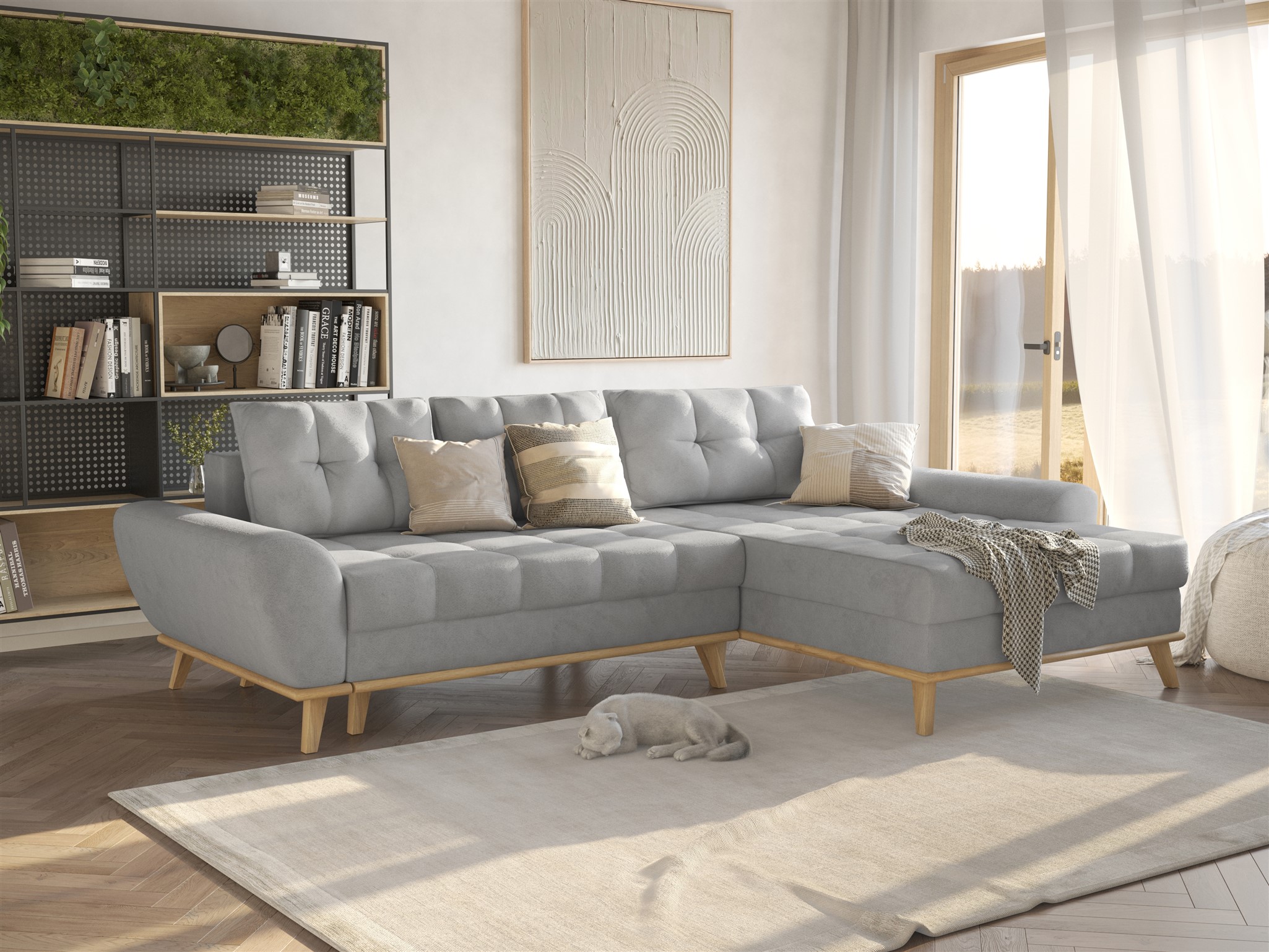 Ecksofa Schlafsofa Sofa MARTINA Stoff Enjoy Grau Ottomane Rechts | Ottomane: Rechts | Ecksofas mit Schlaffunktion | Polstermöbel