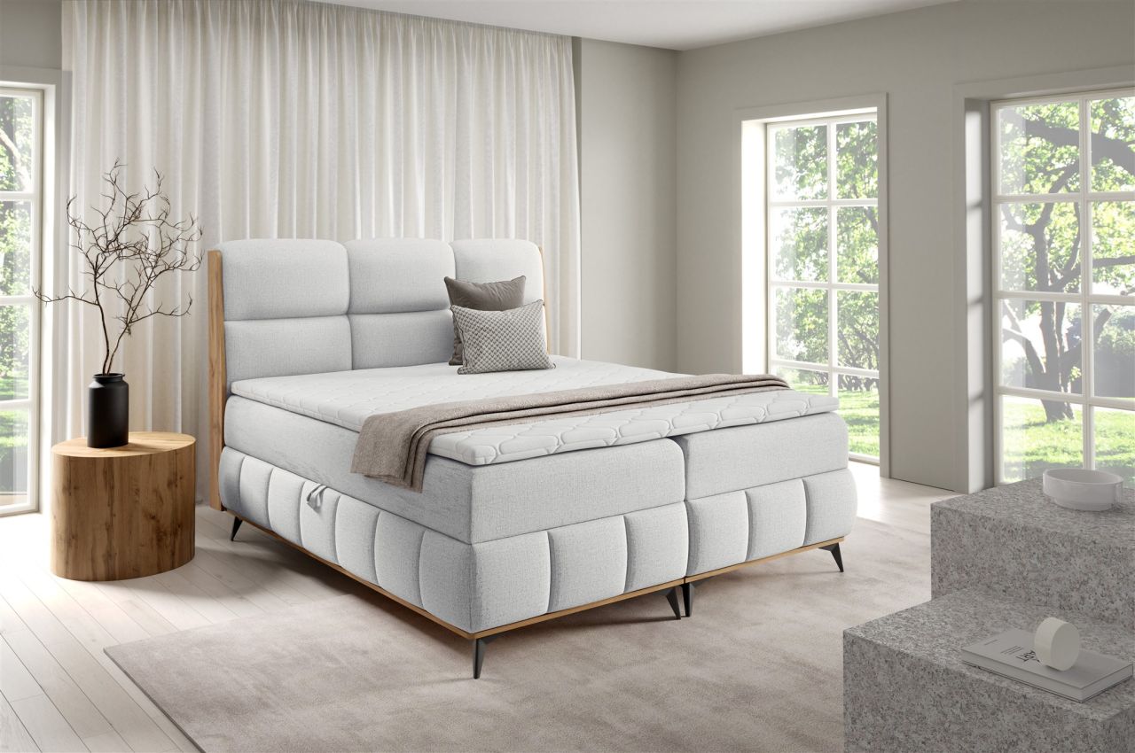 Boxspringbett Schlafzimmerbett CHARLIE 200x200cm Stoff Fibi Hellgrau