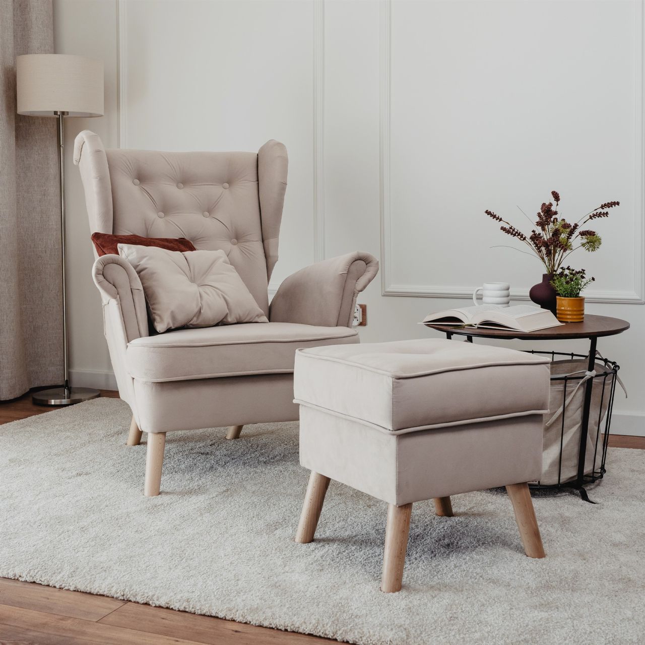 Fun Möbel Beige Sessel Ohrensessel Alison Inkl. Hocker In Stoff Trinity
