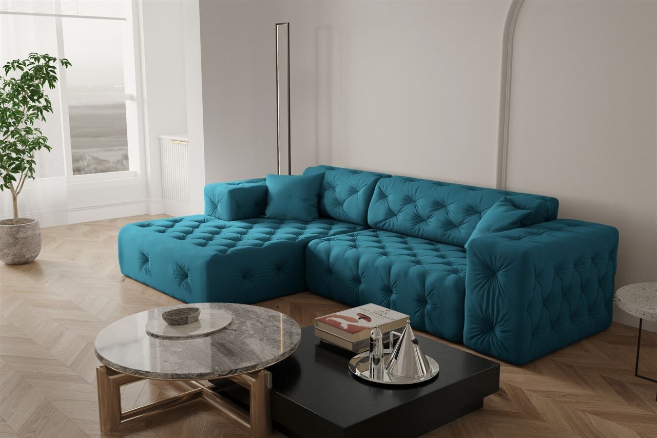 Ecksofa ersofa CHANTAL in Stoff Opera Velvet Ozeanblau Ottomane Links