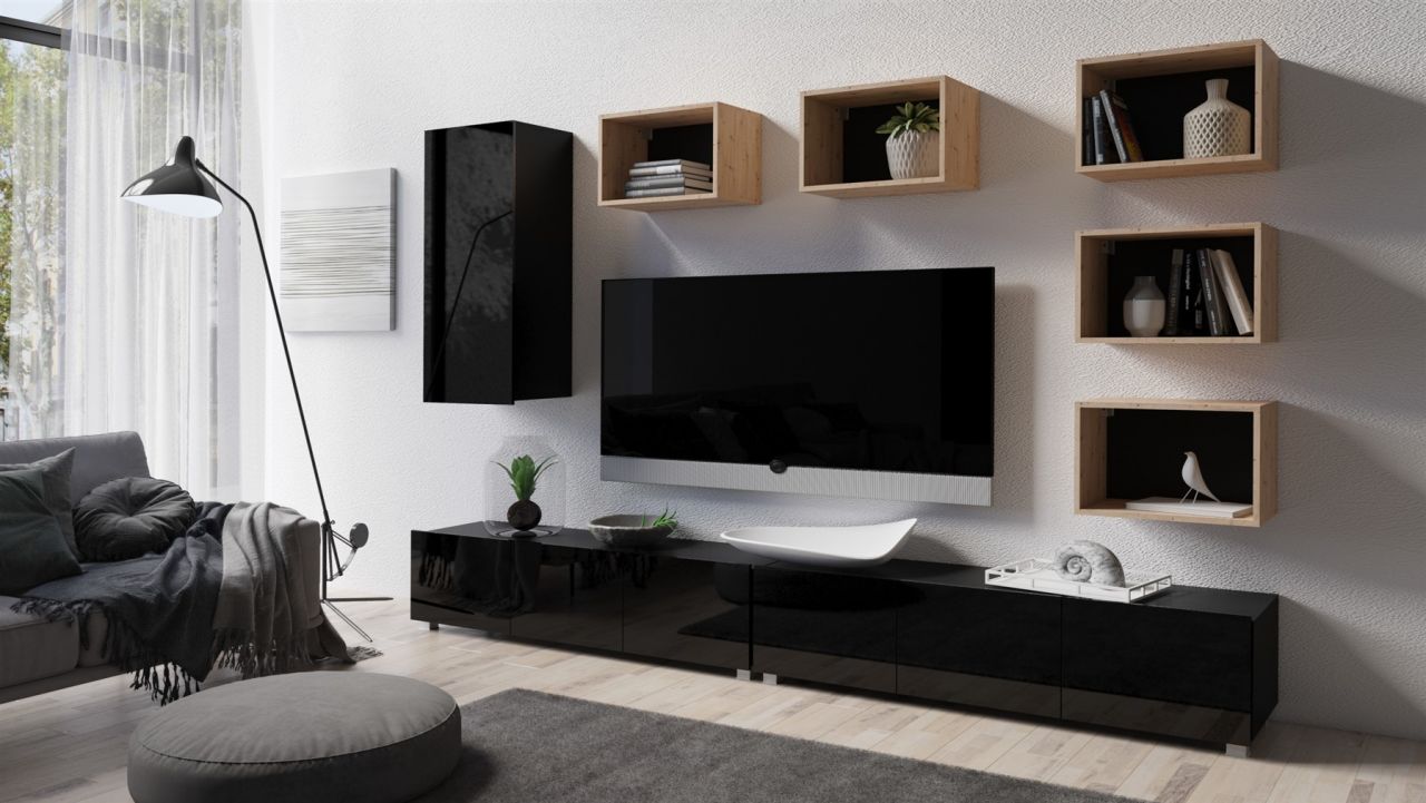 Mediawand Wohnwand 8 tlg - KAVOS 30 - Schwarz Hochglanz