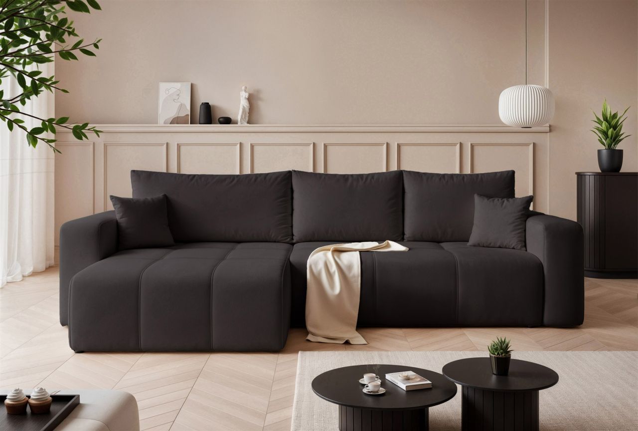 Ecksofa Schlafsofa Sofa LEROS in Stoff Manila Schwarz Ottomane Links
