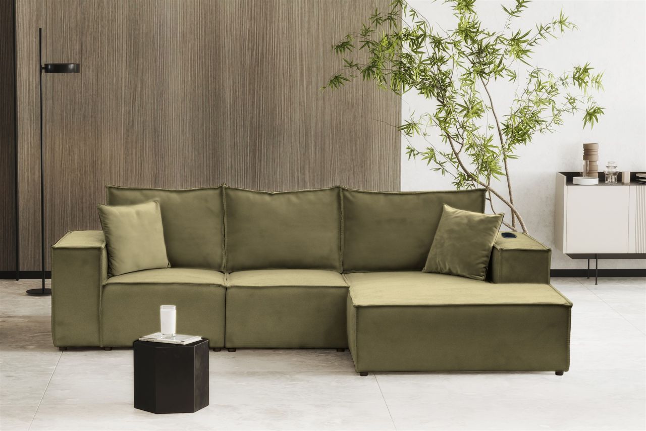 Ecksofa Sofa ALVARO inkl. QI Ladegerät Stoff Opera Velvet Olivgrün Ottomane R...