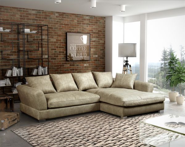 Couchgarnitur TIZIAN L-Form in Wildlederoptik-Beige / Ottomane Rechts