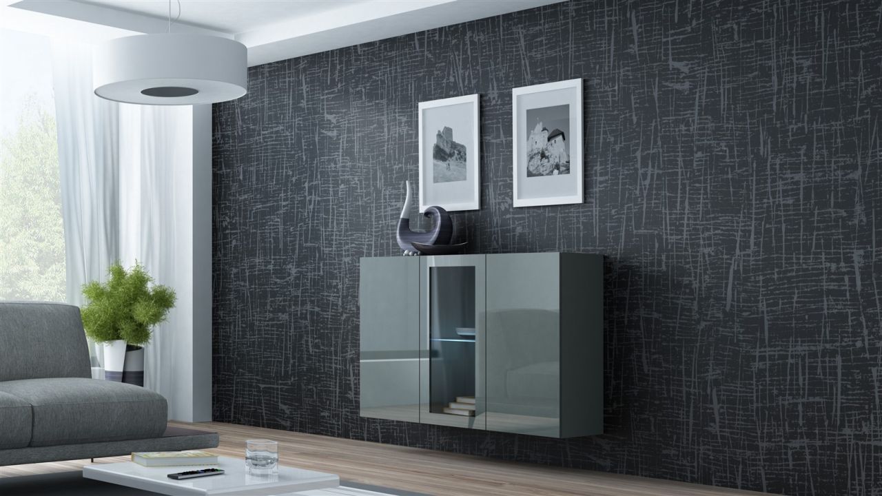 Sideboard Hängesideboard "LUGO" 120x38x90 cm Grau Hochglanz inkl. LED