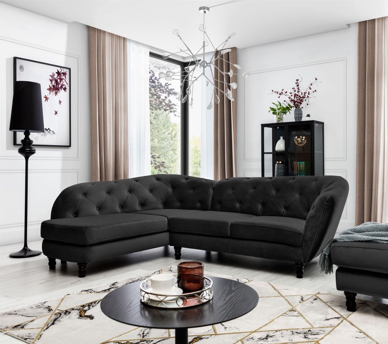 Ecksofa ersofa CHARLOTTE in Stoff Matt Velvet Schwarz Ottomane Links