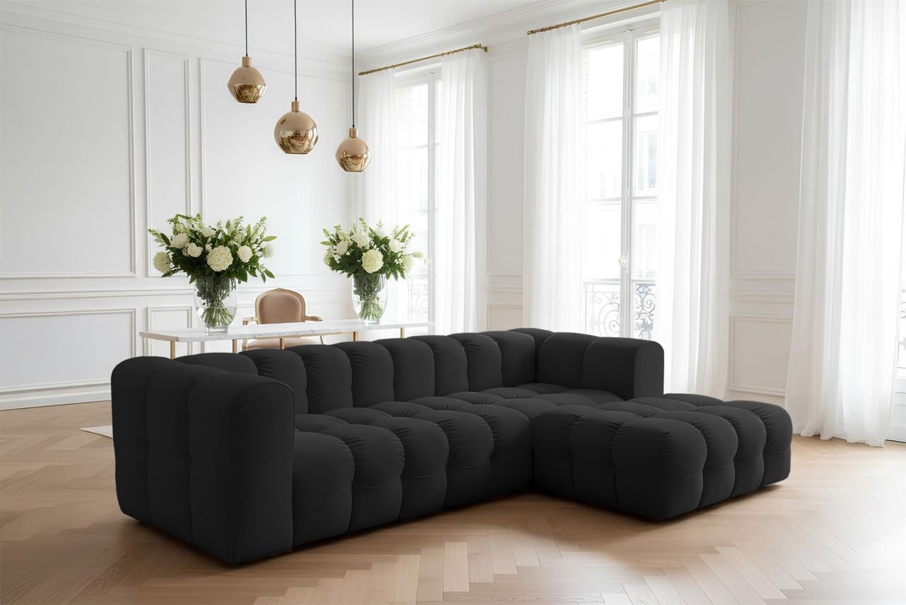 Ecksofa ersofa SOLVIE in Stoff Tiffani Schwarz Ottomane Rechts