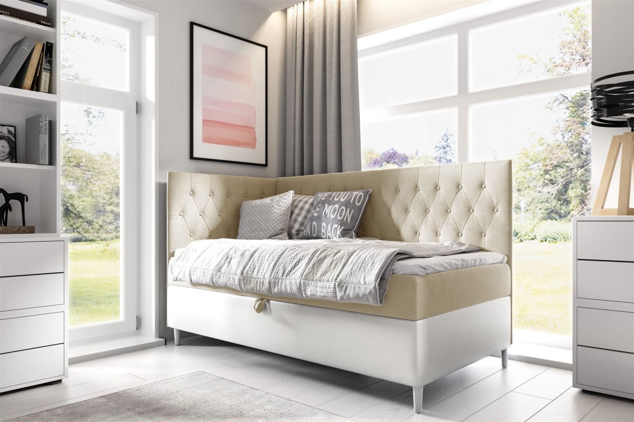 Boxspringbett Gästebett Kinderbett FINJA Nr.3 90x200cm Weiss-Beige Seite Links