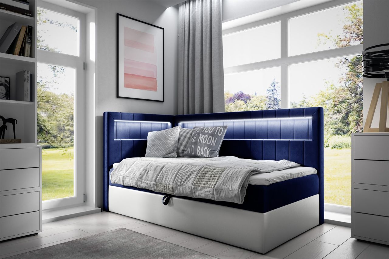 Boxspringbett Gästebett Kinderbett FABIAN Nr.3 100x200cm Weiss-Blau Seite Links