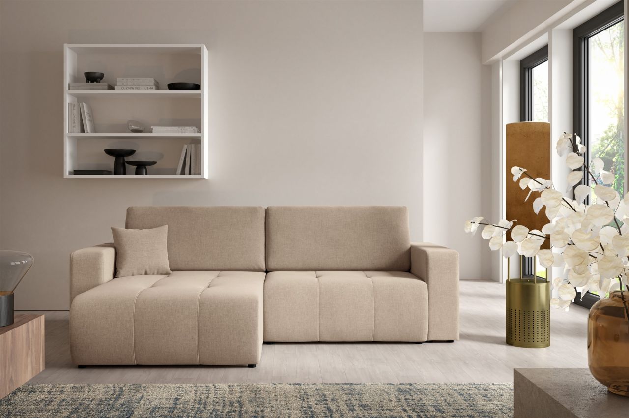 Ecksofa Sofa mit Schlaffunktion AUGUSTO in Stoff Wind Beige Ottomane Links