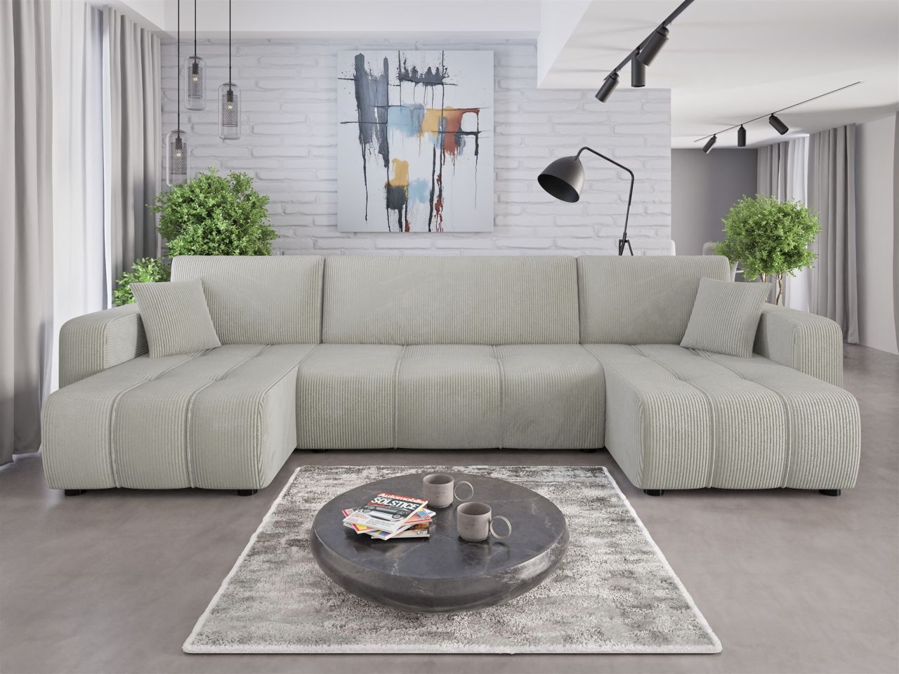Wohnlandschaft mit Schlaffunktion DAGNY Sofa U-Form in Stoff Poso Hellgrau