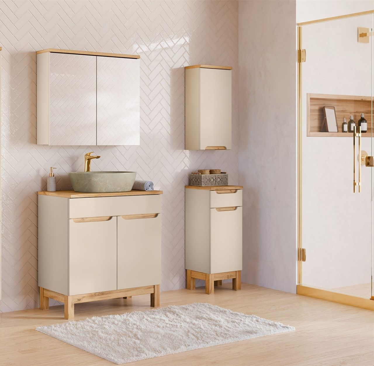 Badmöbel Set 4-tlg Badezimmerset DEVI Cashmere ohne Waschtisch