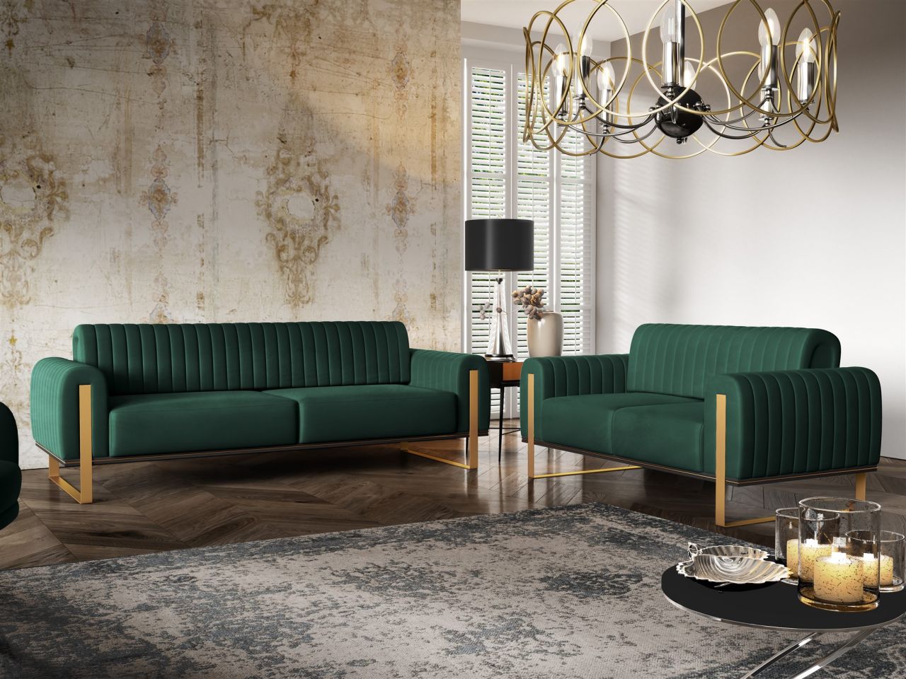 Sofaset ersofas VALERIE 3-2 in Stoff Stoff Elisa Velvet Flaschengrün