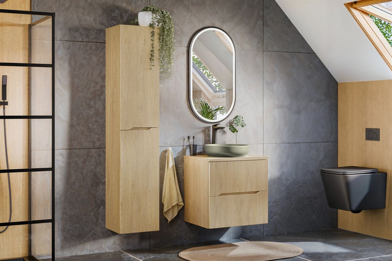 Badmöbel Set 4-tlg Badezimmerset AVOLI Cremona Eiche Spiegel 50cm inkl. Wasch...