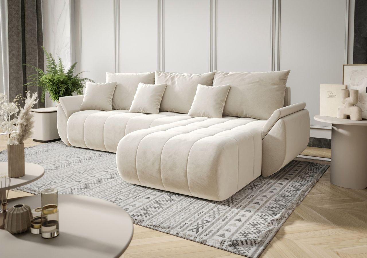 Ecksofa Schlafsofa AKITA Stoff Monolith Creme Ottomane Rechts