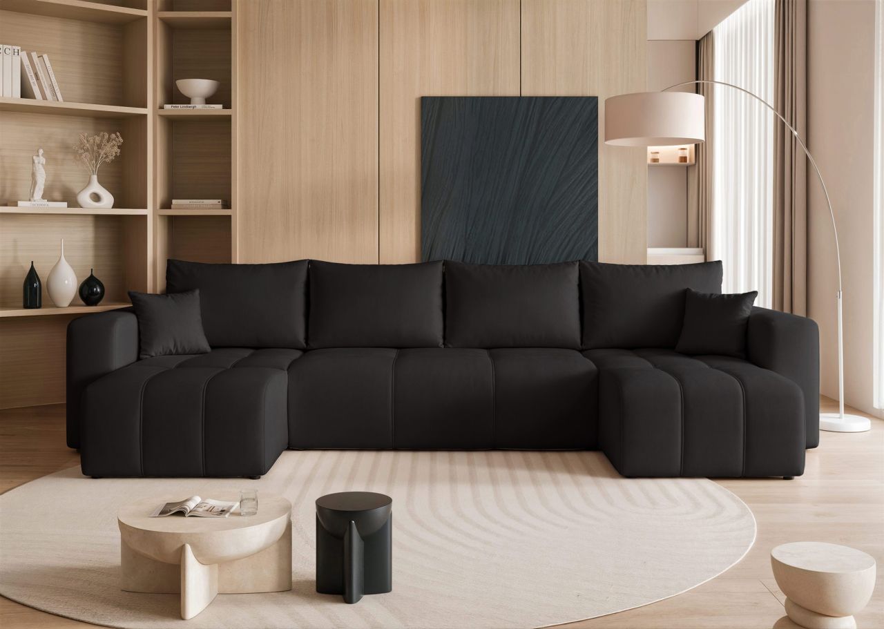 Wohnlandschaft mit Schlaffunktion Sofa LEROS in Stoff Manila Schwarz