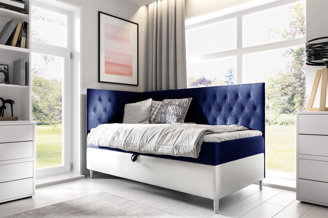 Boxspringbett Gästebett Kinderbett FINJA Nr.3 90x200cm Weiss-Blau Seite Links