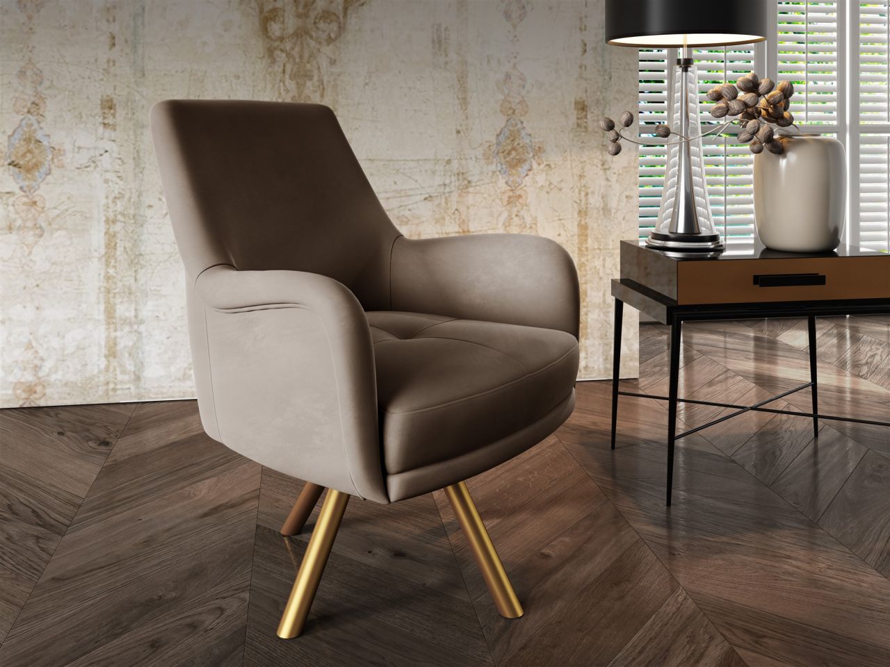 Sessel Drehsessel VALERIE in Stoff Stoff Elisa Velvet Cappuccino