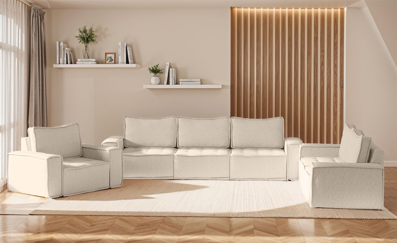 Sofaset Modulsofa-Set 6-teilig SANDE 3-2-1 Stoff Raven Creme