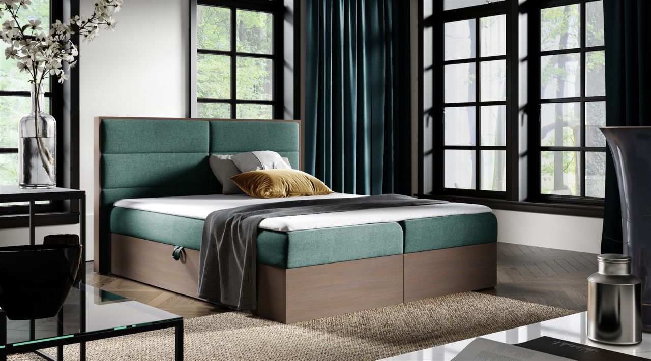 Boxspringbett Bett LAMBROS 120x200cm Dunkel Eiche Stoff Grün inkl. Bettkasten