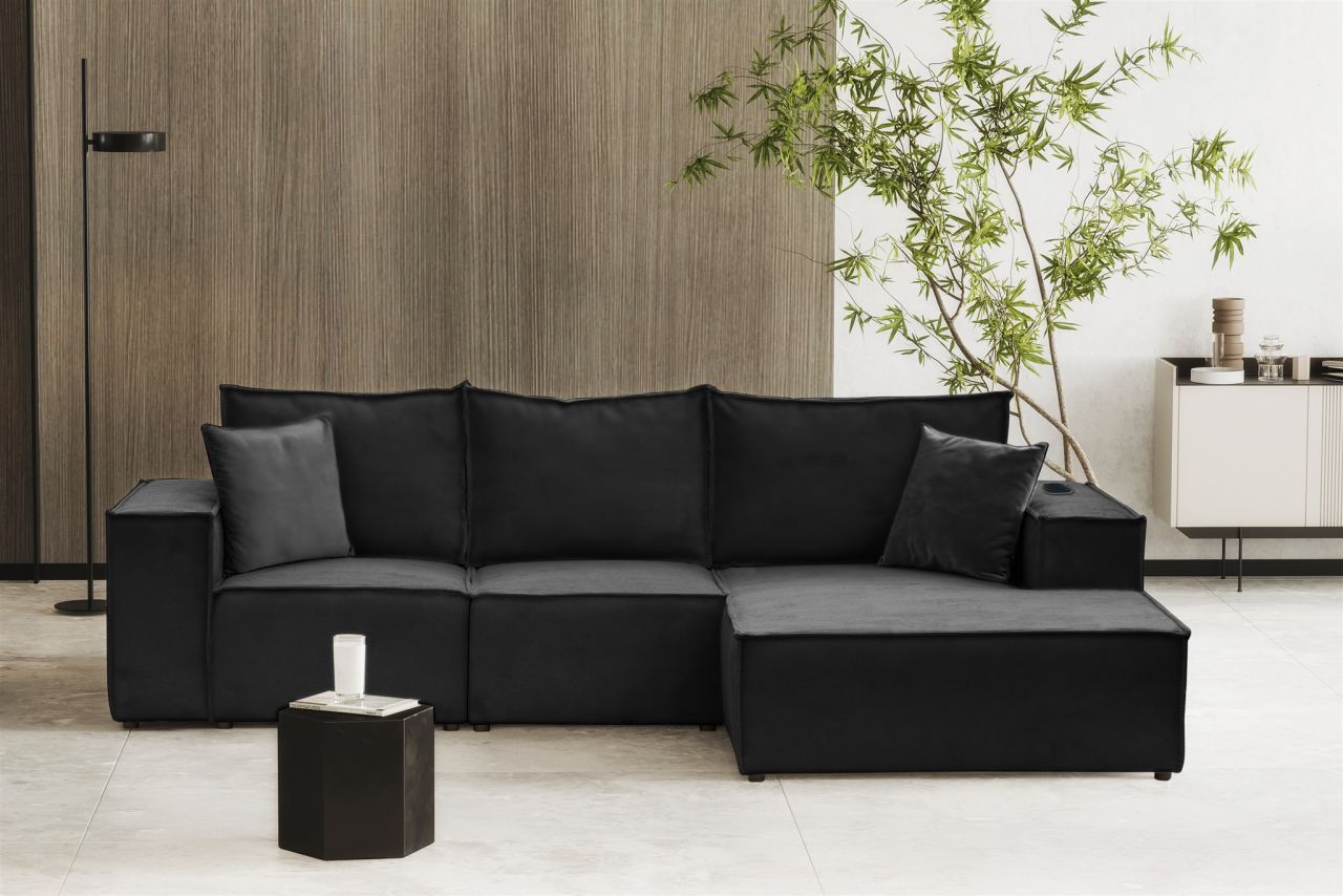 Ecksofa Sofa ALVARO inkl. QI Ladegerät Stoff Opera Velvet Schwarz Ottomane Re...