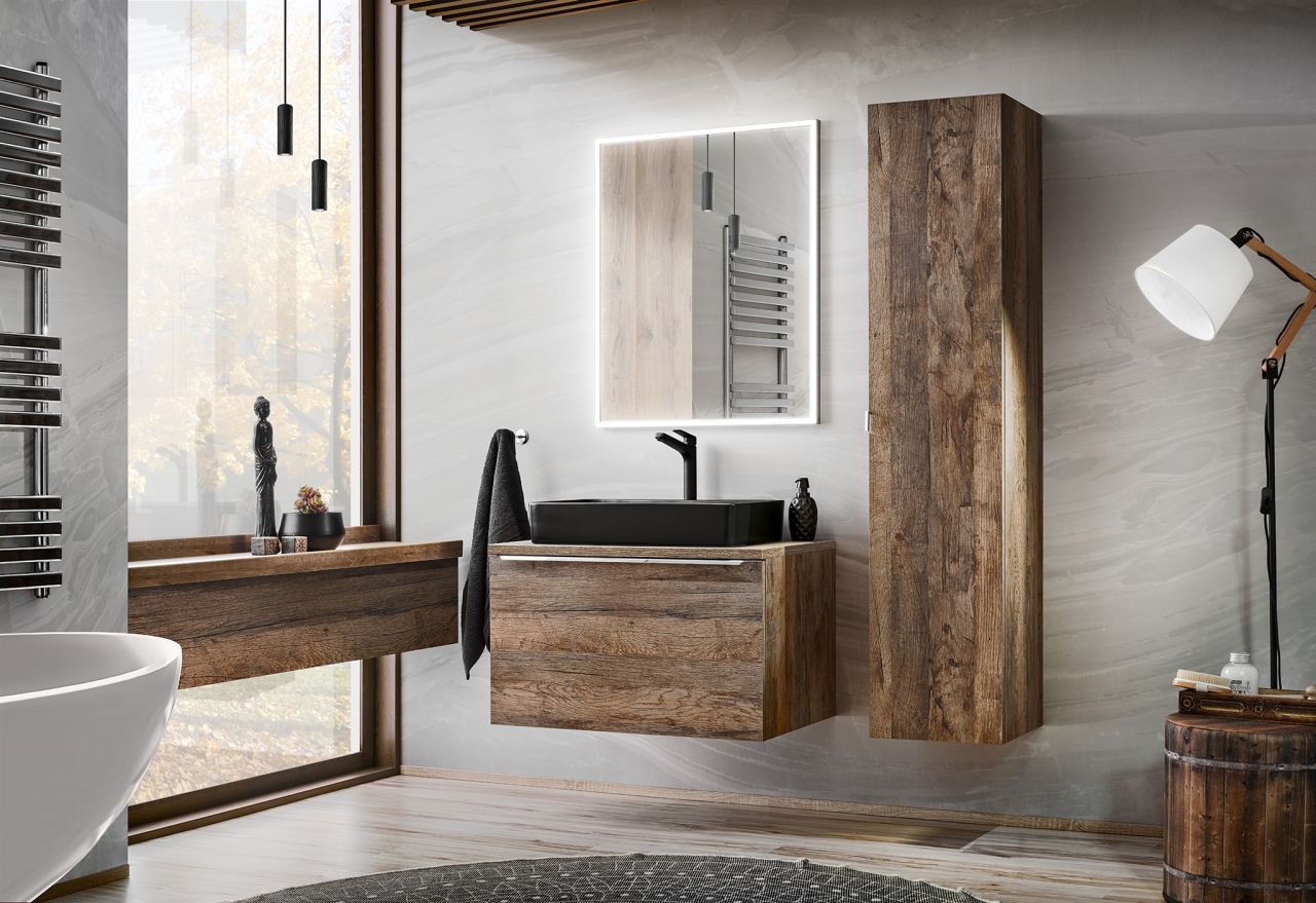 Badmöbel Set 4-tlg Badezimmerset AKAN Vintage Eiche Spiegel inkl. Waschtisch