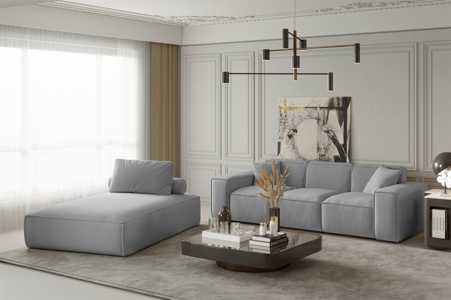 Sofa Set 2-teilig Sezlong und Sofa 3-Sitzer CELES in Stoff Opera Velvet Hellgrau | Couchgarnituren | Polstermöbel