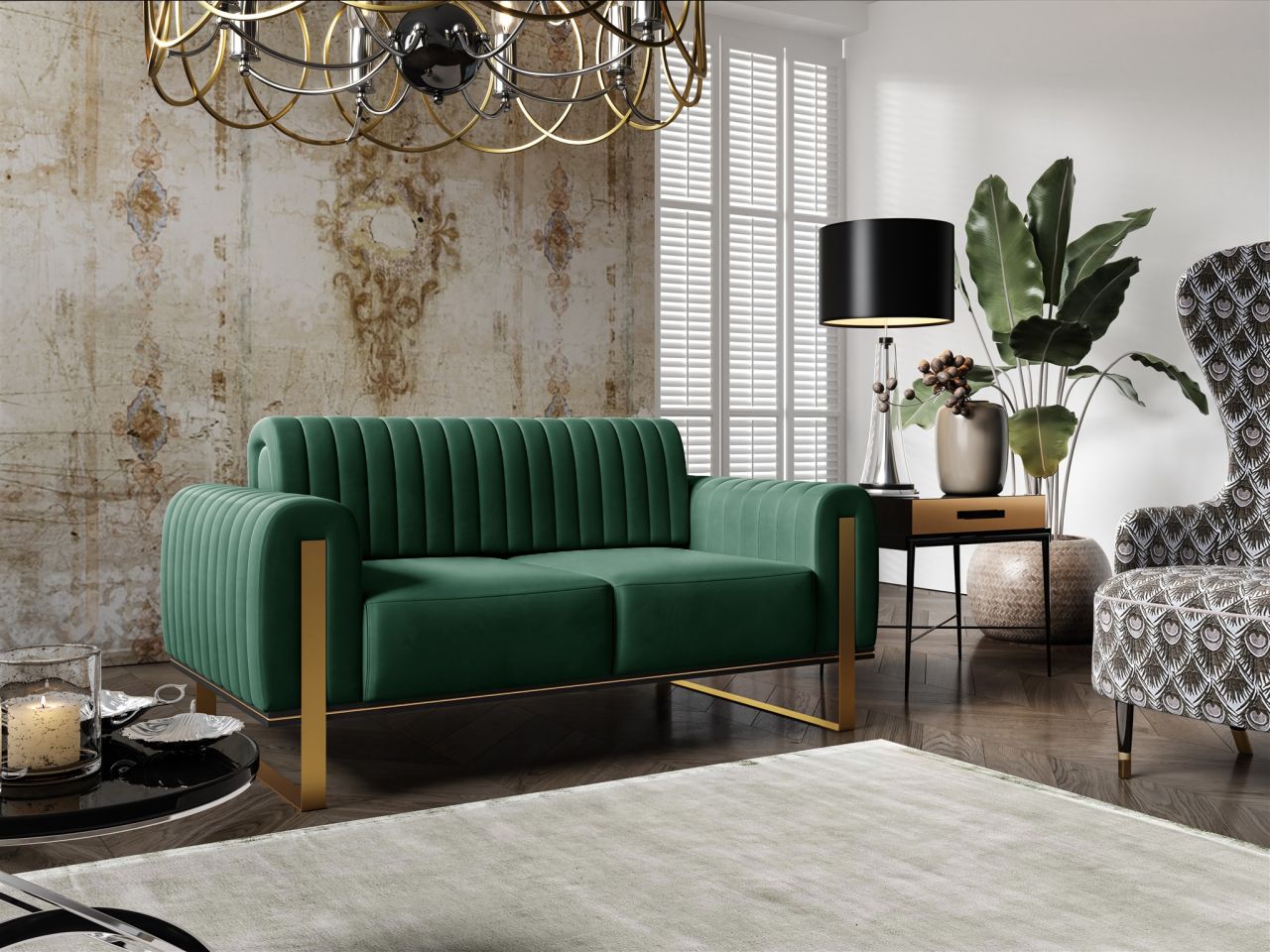 Sofa ersofa VALERIE 2-Sitzer in Stoff Elisa Velvet Flaschengrün